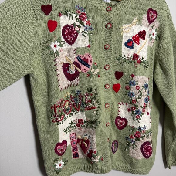Heirloom Collectibles Green Knit Embroidered Sweater Christmas Cottagecore Sz L - Picture 4 of 4